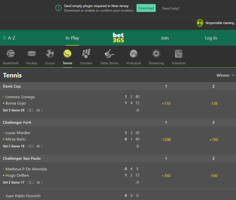 Bet365 Mobile In-Play Tennis