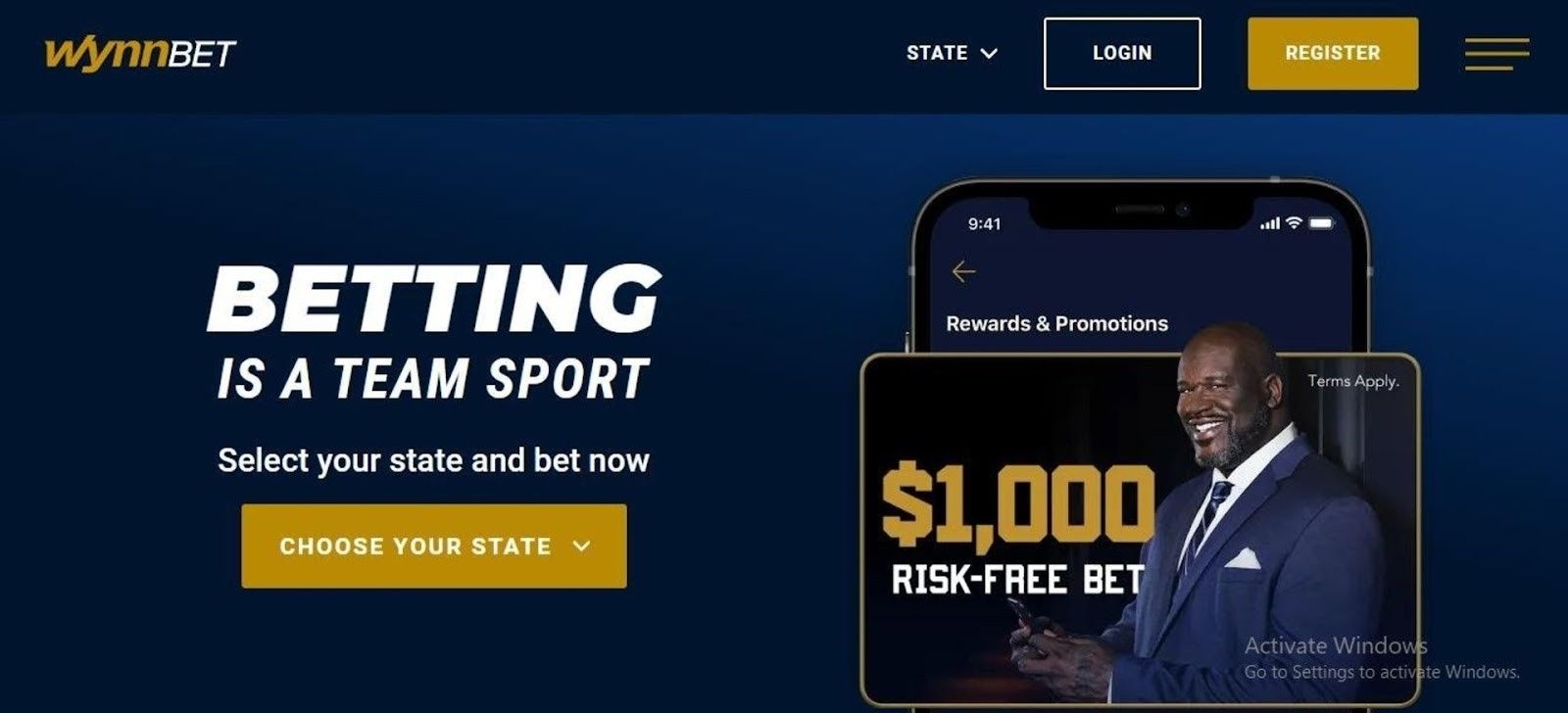 Homepage of Wynn Sports betting site, including to select the state you’re in