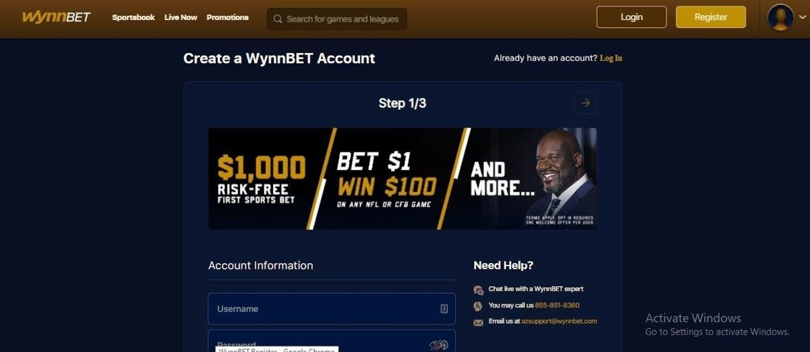 Registration section of the Wynn Sports betting site