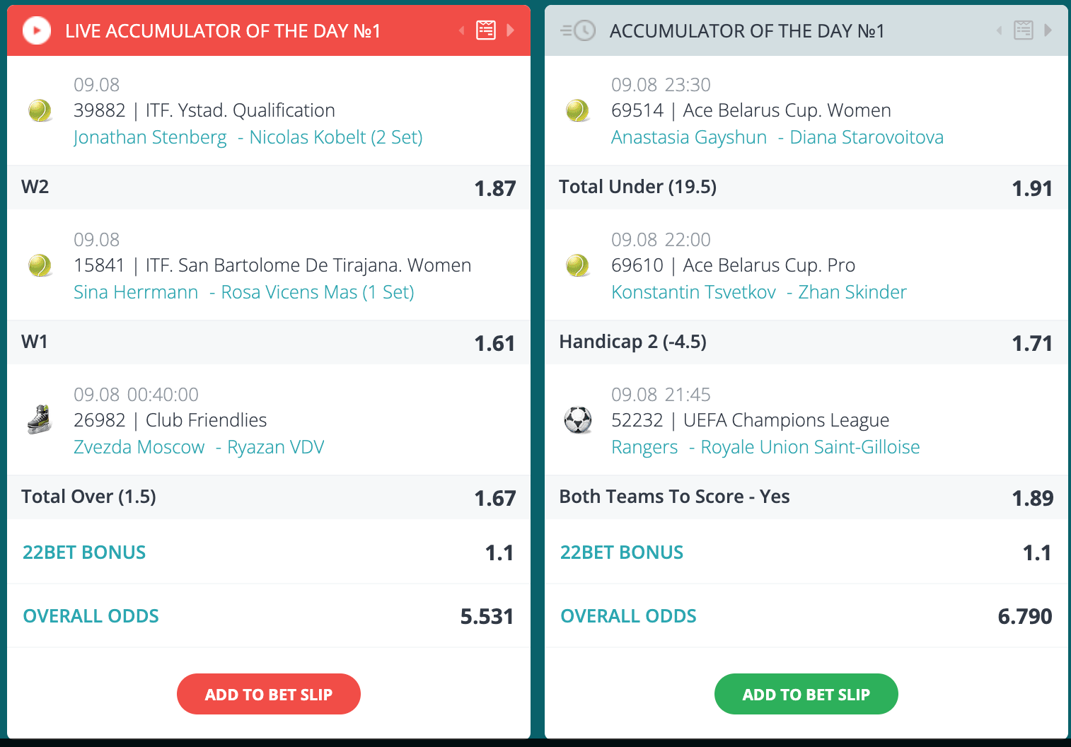 Image showing 22bet Live Accumulator and accumulator of the day free super tips that gamers can add to their betslip